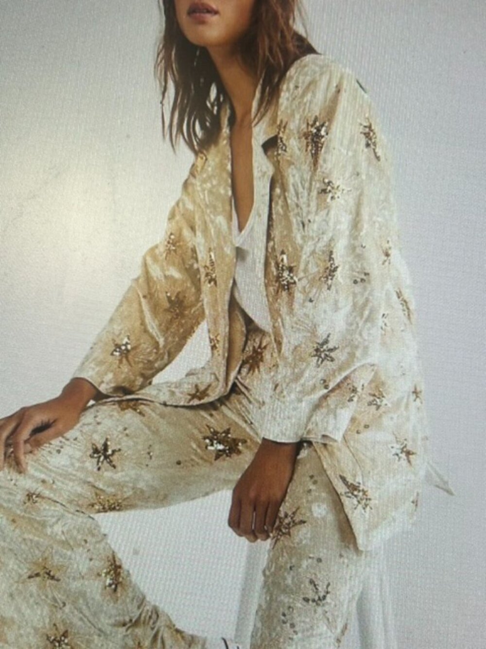 Lenni Lush Semi Stretch Milk Velvet Gold Metallic Star Embroidery Open Jacket